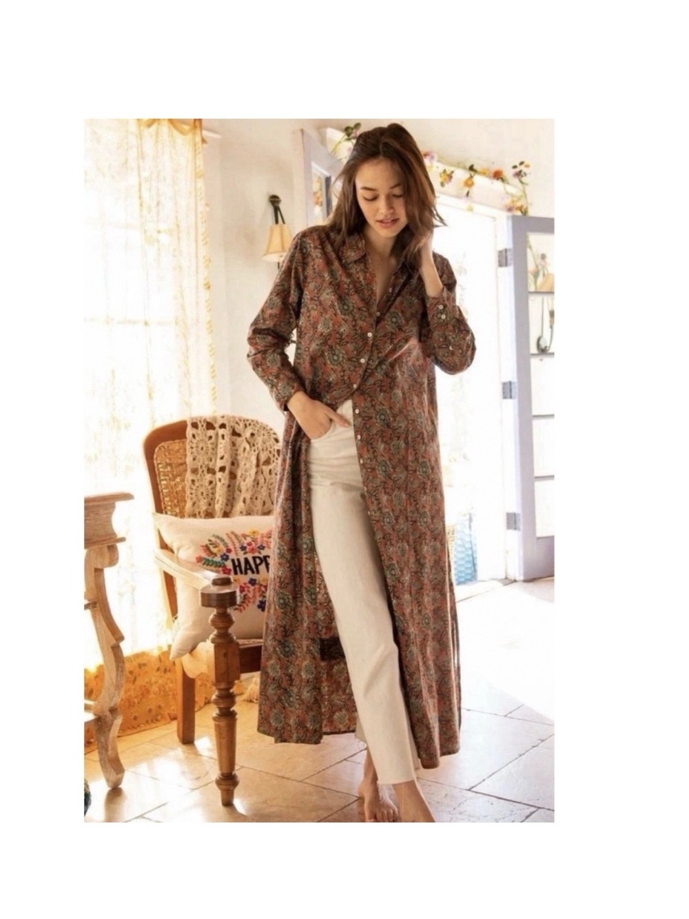 NATURAL LIFE Drew Floral Maxi Shirt Dress in Brown
